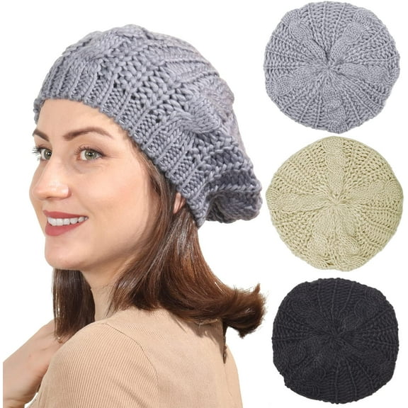 3 Pieces Soft Lightweight Crochet Hats Ribbed French Berets Beanie Slouchy Knit Beret Hat for Women