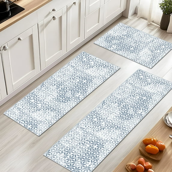 Soulgenix 3 piece blue kitchen rug set with non-slip backing, 20 in x 32 in, 20 in x 47 in, 20 in x 59 in