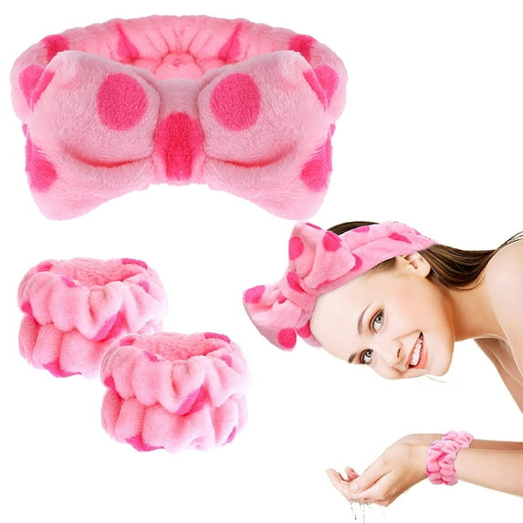 3 Pieces Spa Headband Wrist Washband Scrunchies Cuffs for Washing Face Makeup Headband Facial Hairband Towel Wristbands Headband Face Wash Wristband for Women Girls (pink)