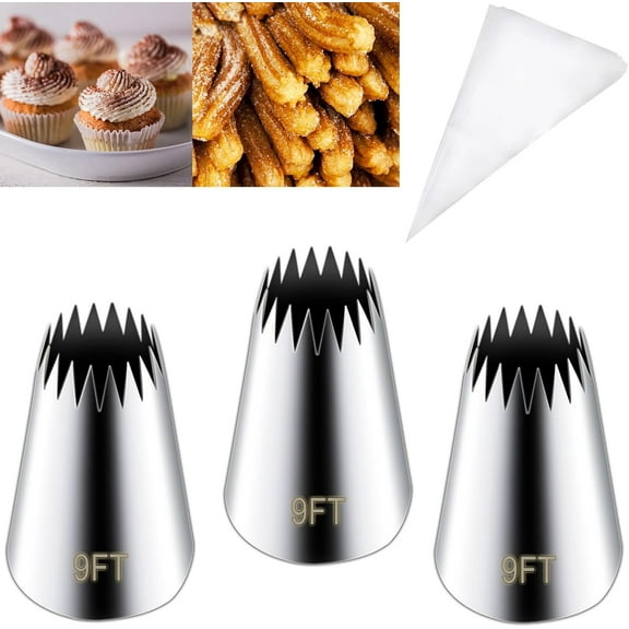 3 Pieces Stainless Steel 9FT Large Churro Piping Tip Set, Churro Maker Icing Tips, Pastry Tips for Cake Decorating with 20Pcs Disposable Piping Bags
