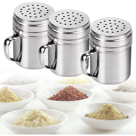 3 Pieces Stainless Steel Dredge Shaker, Spice Shaker with Handle, Powdered Sugar Shaker Duster, Metal Versatile Seasoning Shaker with Rotating Cover for Cooking Gadget, Salt and Pepper Shakers