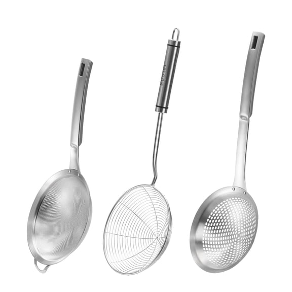 3 Pieces Stainless Steel Metal Food Strainer With Handle Large Holes Slotted Colander Frying Spoon Set,Handheld For Kitchen Cooking And Filter Food Residues