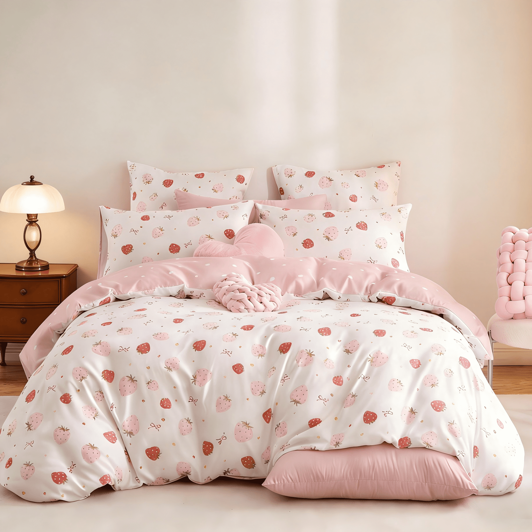 2 Pieces Strawberry Duvet Cover Set Twin Size Cute Pink Strawberry Hearts Bedding Set, Lightweight & Breathable Perfect for Girls