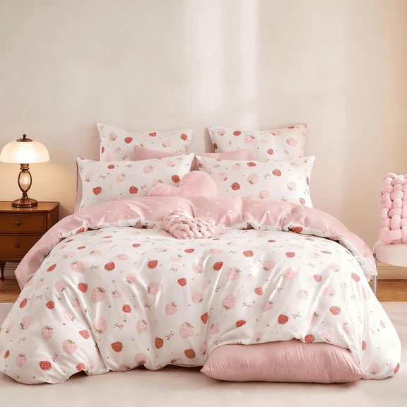 2 Pieces Strawberry Duvet Cover Set Twin Size Cute Pink Strawberry Hearts Bedding Set, Lightweight & Breathable Perfect for Girls
