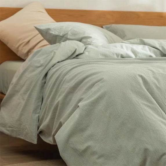 3 Pieces Striped Pinstripe Duvet Cover Set Breathable Durable 100% Washed Cotton Green Comforter Cover for All Seasons Chic Linen Like Textured King Bedding Set