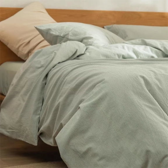3 Pieces Striped Pinstripe Duvet Cover Set Breathable Durable 100% Washed Cotton Green Comforter Cover for All Seasons Chic Linen Like Textured Queen Bedding Set