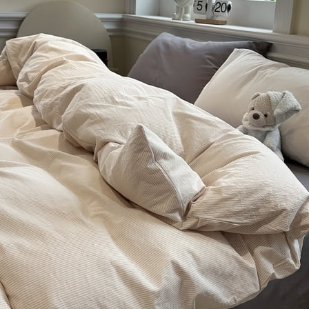 3 Pieces Striped Pinstripe Duvet Cover Set Breathable Durable 100% Washed Cotton Khkai Comforter Cover for All Seasons Chic Linen Like Textured Queen Bedding Set