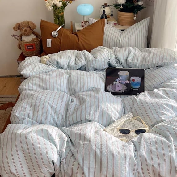 3 Pieces Striped Single Duvet Cover Queen Set, Soft Blue and Brown Stripe Geometric Modern Bedding Set for Adults