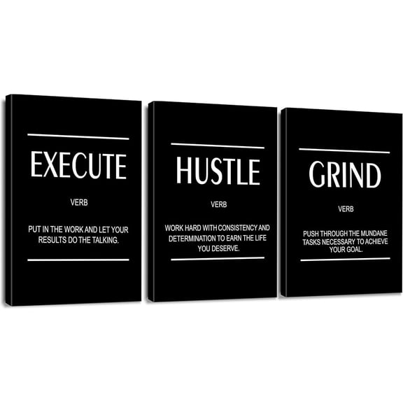 3 Pieces Success Quote Wall Art Canvas Prints - Positive Motivational Words Picture Painting - Modern Black Wall Artwork Framed for Bathroom Office Decor - 12 x 16 Inch（Execute Hustle Grind）