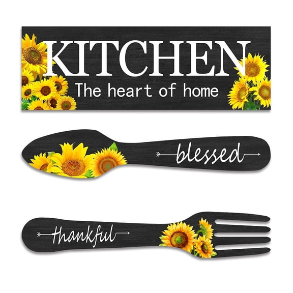 3 Pieces Sunflower Kitchen Decor - Rustic Farmhouse Wooden Wall Signs, "The Heart of Home" "Blessed" "Thankful" Quotes, Yellow Sunflower Print, Kitchen Dining Room Wall Art(Black, 11.8 x 3.9 Inch)