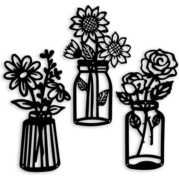 3 Pieces Sunflower Roses Daisy Black Metal Flowers Wall Decor Metal Vase Wall Art Metal Wall Sculptures Hanging for Indoor Kitchen Bathroom Bedroom Living Room,14.56x7.87 inches