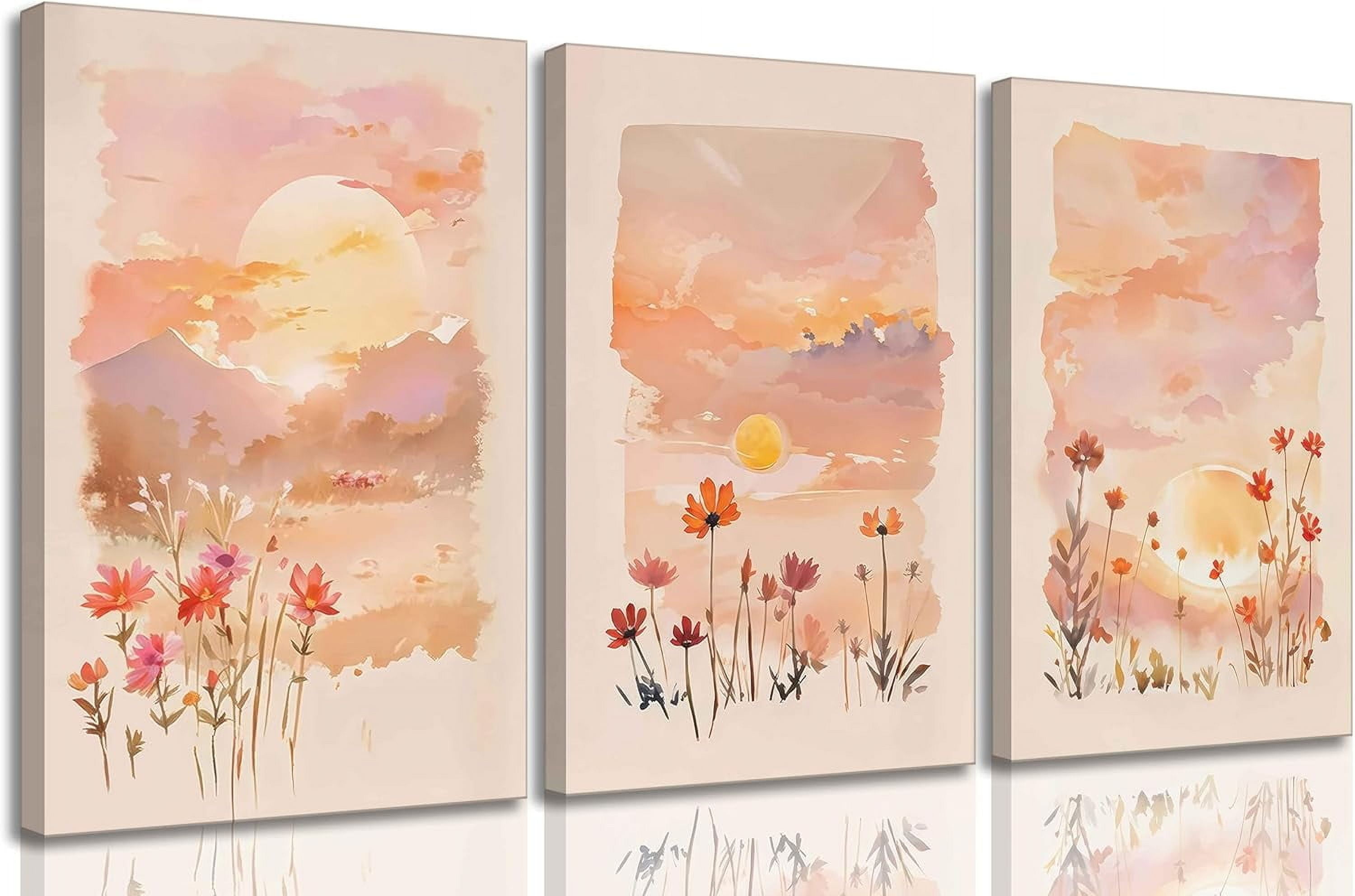 3 Pieces Sunrise Canvas Wall Art Blush Pink Wildflowers Floral and