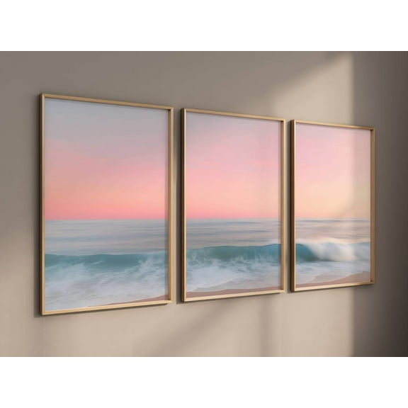3 Pieces Sunset Ocean Posters Coastal Prints Canvas Painting Beach Landscape Pictures Framed Artwork for Coastal Farmhouse Bedroom Decor with Wooden Inner Frame