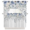 thumbnail image 1 of 3 Pieces Swag Kitchen Curtains Set, Blue Eucalyptus Valance Swag & Small Window Tier Curtain 24 Inches Long, Farmhouse Flowers Leaf White Watercolor 56" x 36" Valance Topper Drapes for Cafe/Bedroom, 1 of 9