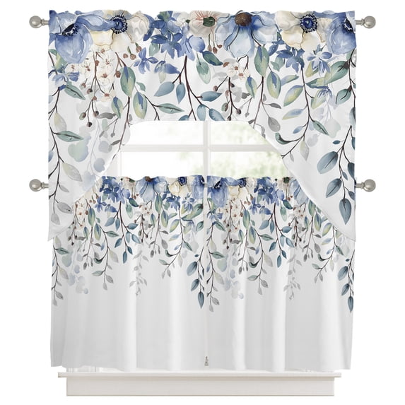 3 Pieces Swag Kitchen Curtains Set, Blue Eucalyptus Valance Swag & Small Window Tier Curtain 24 Inches Long, Farmhouse Flowers Leaf White Watercolor 56" x 36" Valance Topper Drapes for Cafe/Bedroom