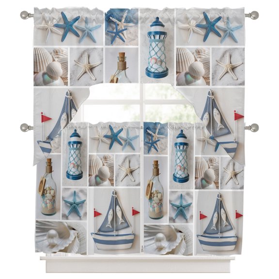 3 Pieces Swag Kitchen Curtains Set, Blue Oceans Beach Valance Swag & Small Window Tier Curtain 24 Inches Long, Nautical Coastal Starfish Seashell 56" x 36" Valance Topper Drapes for Cafe/Bedroom