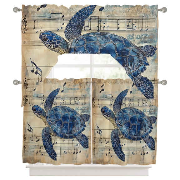 3 Pieces Swag Kitchen Curtains Set, Blue Sea Turtle Valance Swag & Small Window Tier Curtain 24 Inches Long, Vintage Coastal Sheet Music 56" x 36" Valance Topper Drapes for Cafe/Bedroom