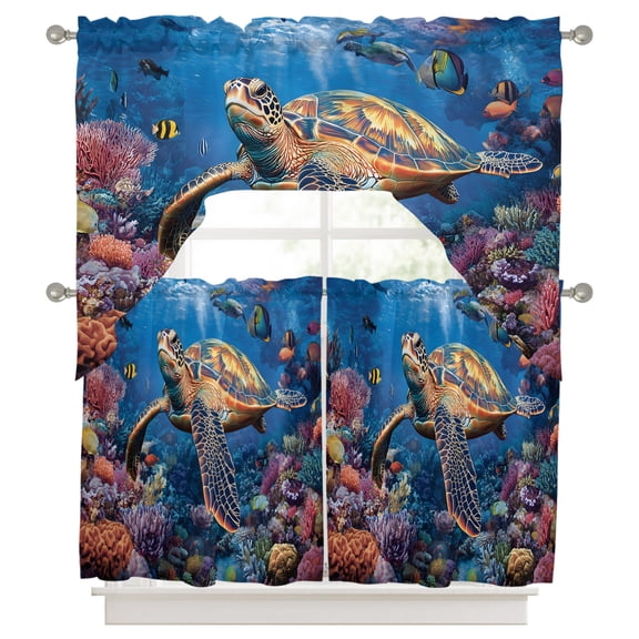 3 Pieces Swag Kitchen Curtains Set, Coastal Turtle Valance Swag & Small Window Tier Curtain 24 Inches Long, Turquoise Coral Tropical Ocean Animal Fish 56" x 36" Valance Topper Drapes for Cafe/Bedroom