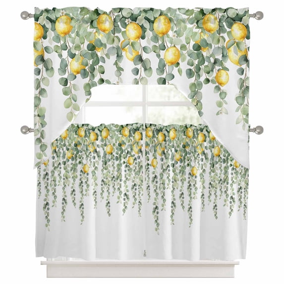 3 Pieces Swag Kitchen Curtains Set, Eucalyptus Lemon Valance Swag & Small Window Tier Curtain 24 Inches Long, Sage Green Plant Leaf Yellow Fruit 56" x 36" Valance Topper Drapes for Cafe/Bedroom