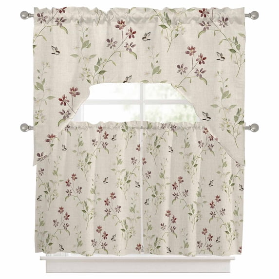 3 Pieces Swag Kitchen Curtains Set, Flower Leaves, Valance Swag & Small Window Tier Curtain 24 Inches Long, Farmhouse Country Flower Bud Watercolor 56" x 36" Valance Topper Drapes for Cafe/Bedroom