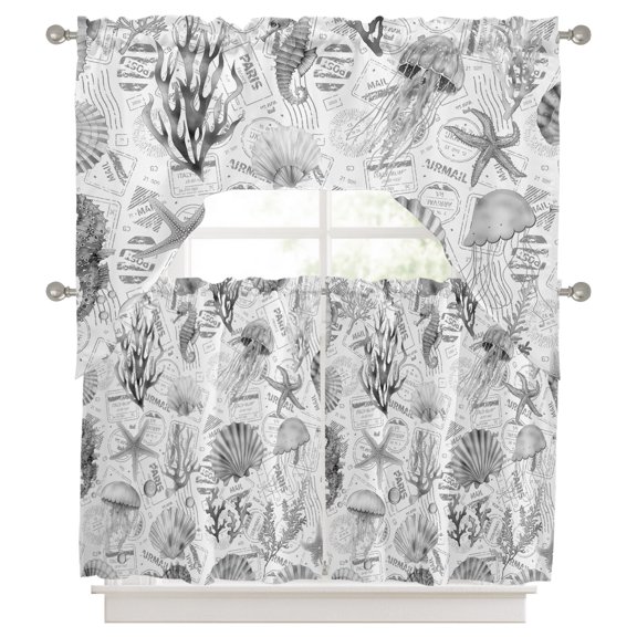 3 Pieces Swag Kitchen Curtains Set, Grey Coastal Valance Swag & Small Window Tier Curtain 24 Inches Long, Summer Coral Shell Sea Beach Nautical 56" x 36" Valance Topper Drapes for Cafe/Bedroom