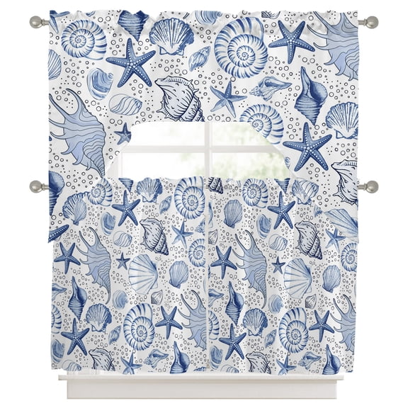 3 Pieces Swag Kitchen Curtains Set, Navy Blue Coastal Valance Swag & Small Window Tier Curtain 24 Inches Long, Nautical Ocean Shell Starfish Sea 56" x 36" Valance Topper Drapes for Cafe/Bedroom