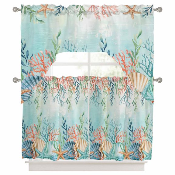 3 Pieces Swag Kitchen Curtains Set, Ocean Starfish Seaweed Valance Swag & Small Window Tier Curtain 24 Inches Long, Summer Coastal Beach Shell Coral Teal 56" x 36" Valance Topper Drapes for Cafe
