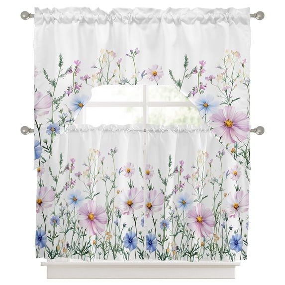 3 Pieces Swag Kitchen Curtains Set, Pink Blue Spring Floral Valance Swag & Small Window Tier Curtain 24 Inches Long, Watercolor Elegant Botanical 56" x 36" Valance Topper Drapes for Cafe/Bedroom