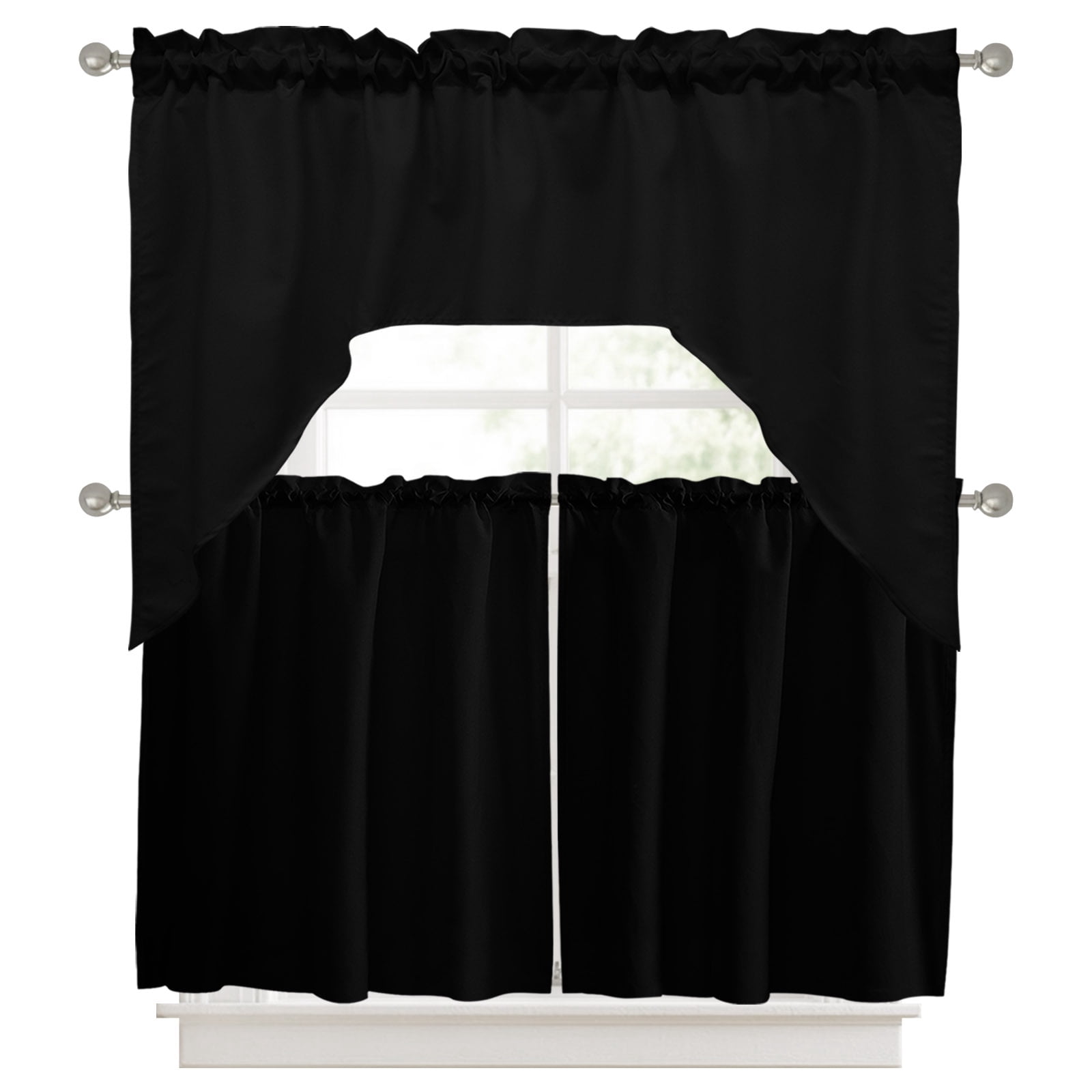 3 Pieces Swag Kitchen Curtains Set, Pure Black Valance Swag & Small ...