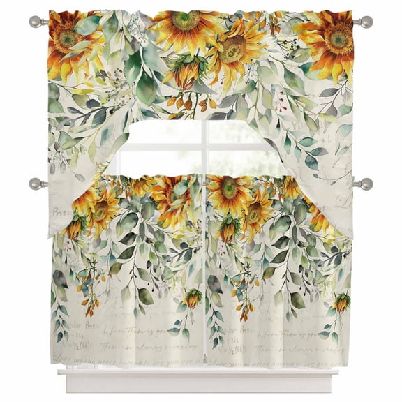 3 Pieces Swag Kitchen Curtains Set, Sunflowers Valance Swag & Small Window Tier Curtain 24 Inches Long, Spring Floral Eucalyptus Leaves Summer Botanical 56" x 36" Valance Topper Drapes for Cafe