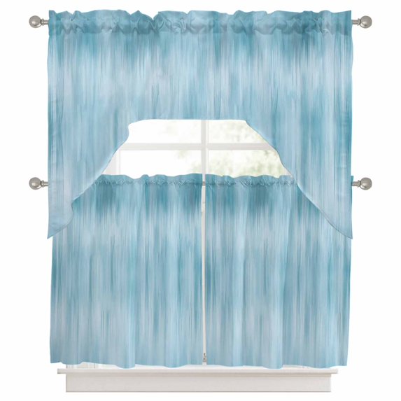 3 Pieces Swag Kitchen Curtains Set, Teal Blue Valance Swag & Small Window Tier Curtain 24 Inches Long, Modern Abstract Art Ombre Striped 56" x 36" Valance Topper Drapes for Cafe/Bedroom