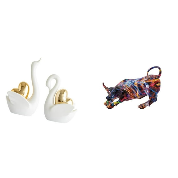 3 Pieces Swan Bull Animal Sculptures Modern Ceramic Resin Artistic Tabletop Decor for Home Office Shelf
