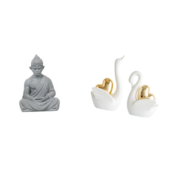 3 Pieces Swan Figurine Monkey Buddha Statue Animal Sculpture Lifelike Texture for Tabletop Bookshelf Meditation Space
