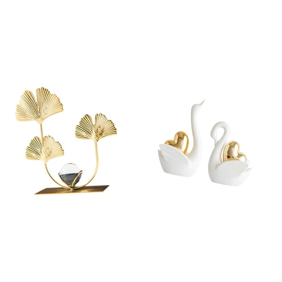 3 Pieces Swan Figurine Sculpture Metal Leaf Statue Modern Iron Ceramic Design for Living Room Bedroom Shelf Decor
