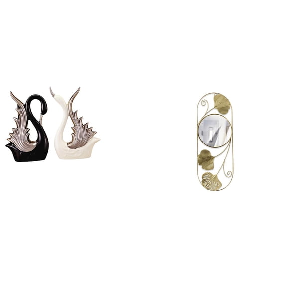3 Pieces Swan Figurines Metal Wall Mirror Ceramic Sculpture Modern Decor for Living Room Bedroom Hallway