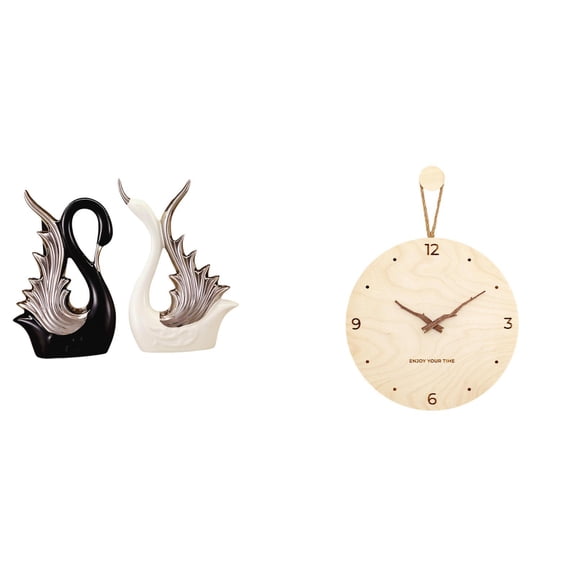 3 Pieces Swan Figurines Wall Clock Sculpture Ceramic Wood Material Modern Decor for Living Room Bedroom Office