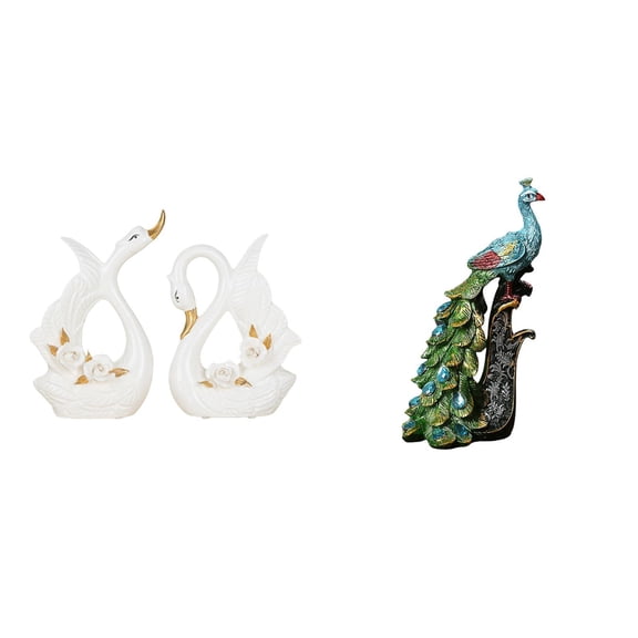 3 Pieces Swan Peacock Figurine Ceramic Resin Sculpture Decorative Set for Bedroom Living Room Shelf Office Display