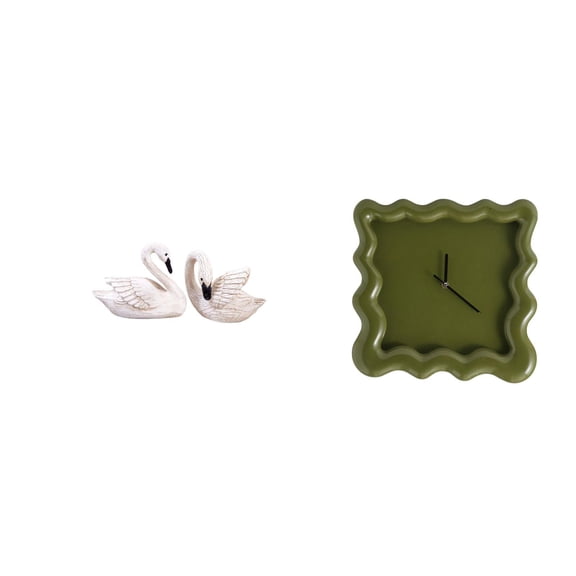 3 Pieces Swan Resin Statue Square Wall Clock Quiet Non Ticking for Home Office Living Room Decor