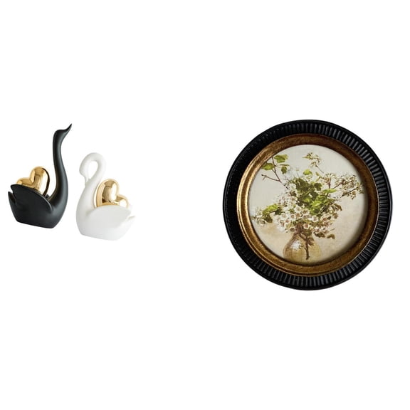 3 Pieces Swan Statue Ceramic Sculpture Round Picture Frame European Retro Design for Bedroom Living Room Decor