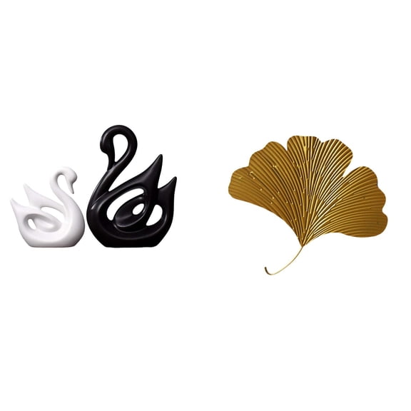 3 Pieces Swan Statue Deer Sculpture Ginkgo Leaf Wall Art Wrought Iron Ceramic Set for Home Office Decor Living Room