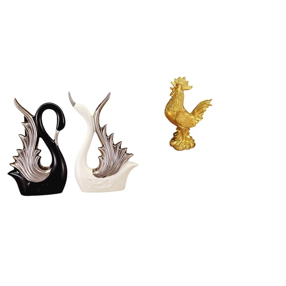 3 Pieces Swan Statue Rooster Figurine Chicken Sculpture Lifelike Ceramic Resin Gift for Home Wedding Party Shelf Decor