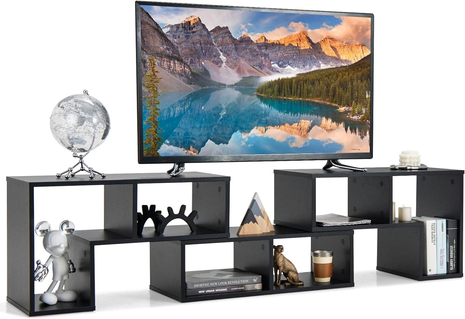 Black Adjustable L-Shaped TV Stand with Open Shelves
