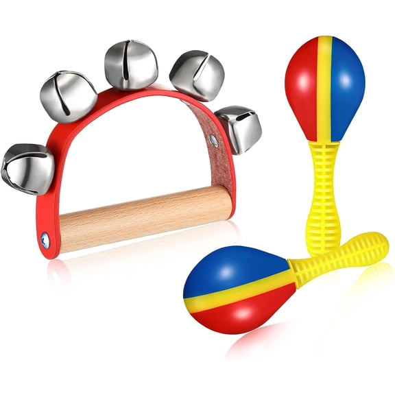 3 Pieces Tambourine Maracas Set Wooden Hand Sleigh Bells Tambourine Bell Maracas Shaking Rattle Musical Instrument Set