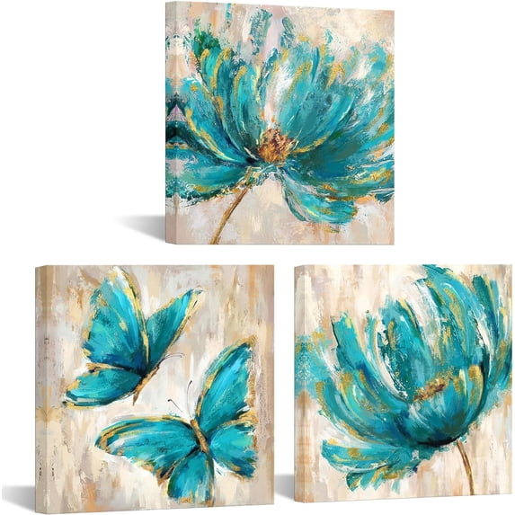 3 Pieces Teal Flower and Butterfly Canvas Prints Floral Oil Painting Gold Blue Wall Art for Bathroom Bedroom Ready to Hang Each Size 12x12 Inches (Teal)