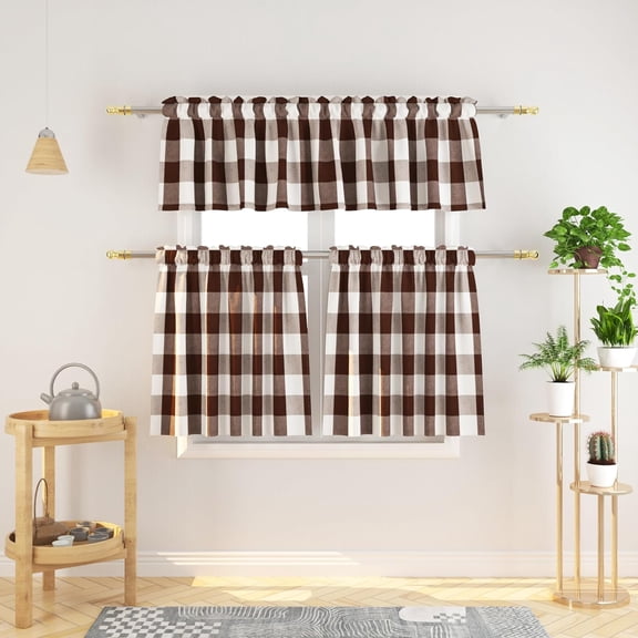 3 Pieces Tier Curtains and Valance Set Buffalo Check Kitchen Tiers Plaid Gingham Rod Pocket Classic Short Small Cafe Curtains Country Farmhouse Cafe Bathroom 54"x18"/27"x36" Brown & White