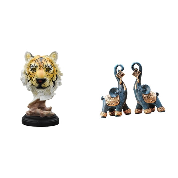 3 Pieces Tiger Head Sculpture Elephant Figurine Tabletop Statue Resin Material for Home Office Decor