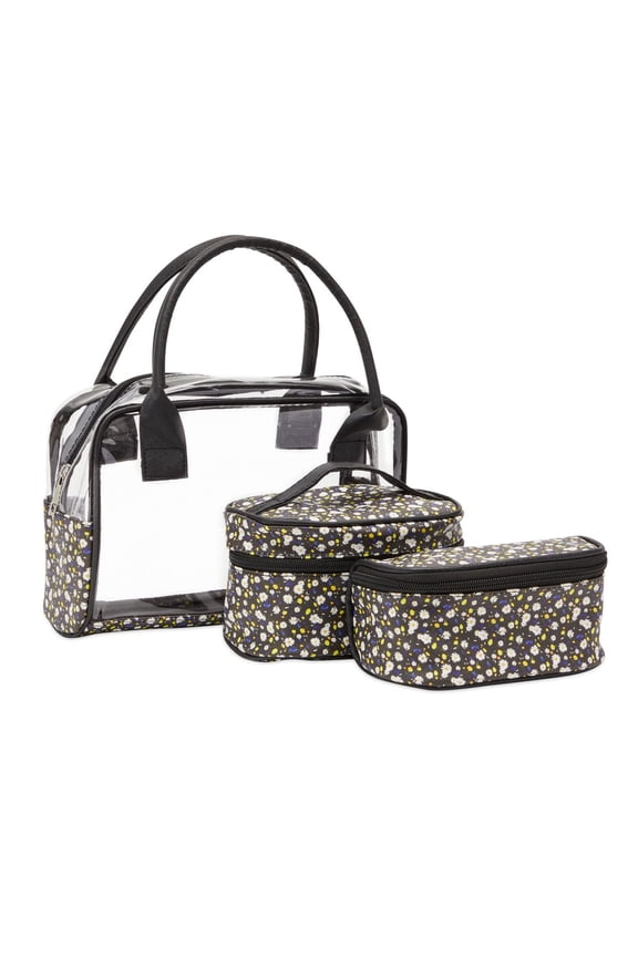 3 Pieces Travel Makeup Bag Set, Clear PVC Portal Organizer and 2 Daisy Cosmetic Travel Toiletry Pouch