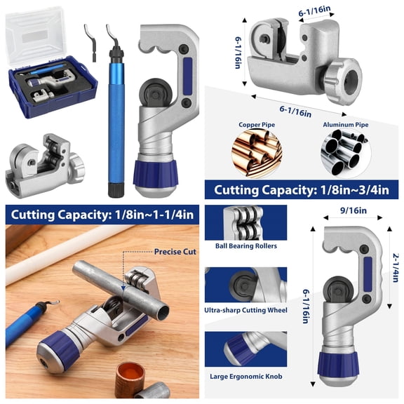 3 Pieces Tubing Cutter Set - Pipe Cutter with 1/8-1-1/4 Cutting Capacity, Mini Copper Pipe Cutter with Deburring Tool, Copper, Aluminum, Brass, and Plastic Tubing Cutter