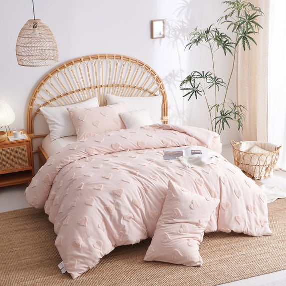 3 Pieces Tufted Heart Dot Pink Full Comforter Set Boho Ultra Soft Jacquard Lightweight Comforter Shabby Chic Washed Microfiber Bedding Set