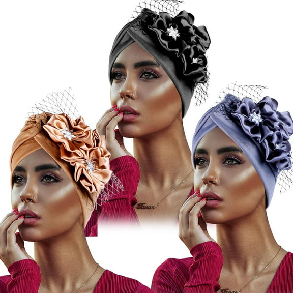 3 Pieces Turban Head Wrap Flower Fascinator Hats Crystal Mesh Chemo Cancer Cap Beanie Headwear